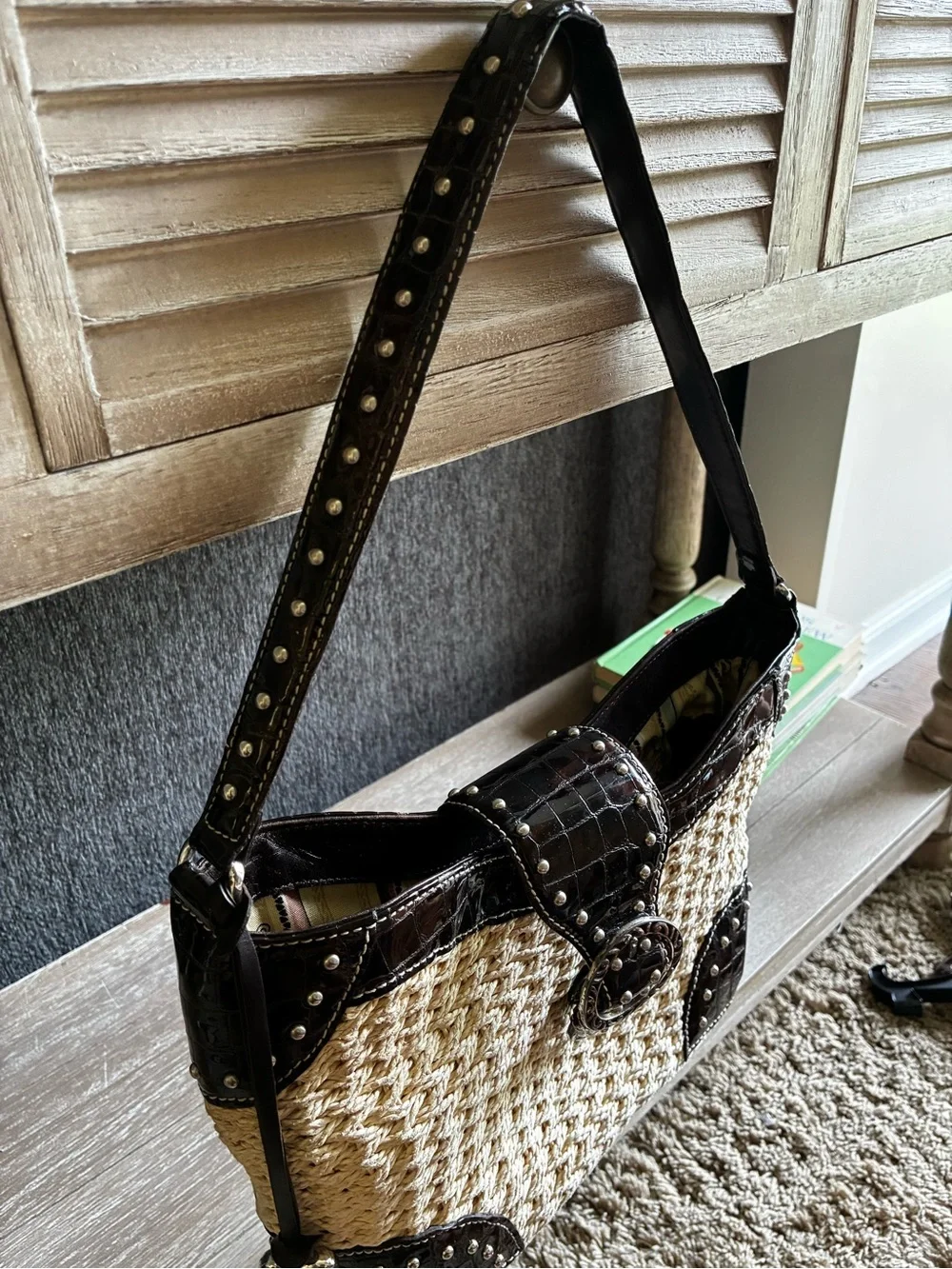 Vintage Brighton Woven Tan Straw Shoulder Bag With Paten Leather Croc Embossed